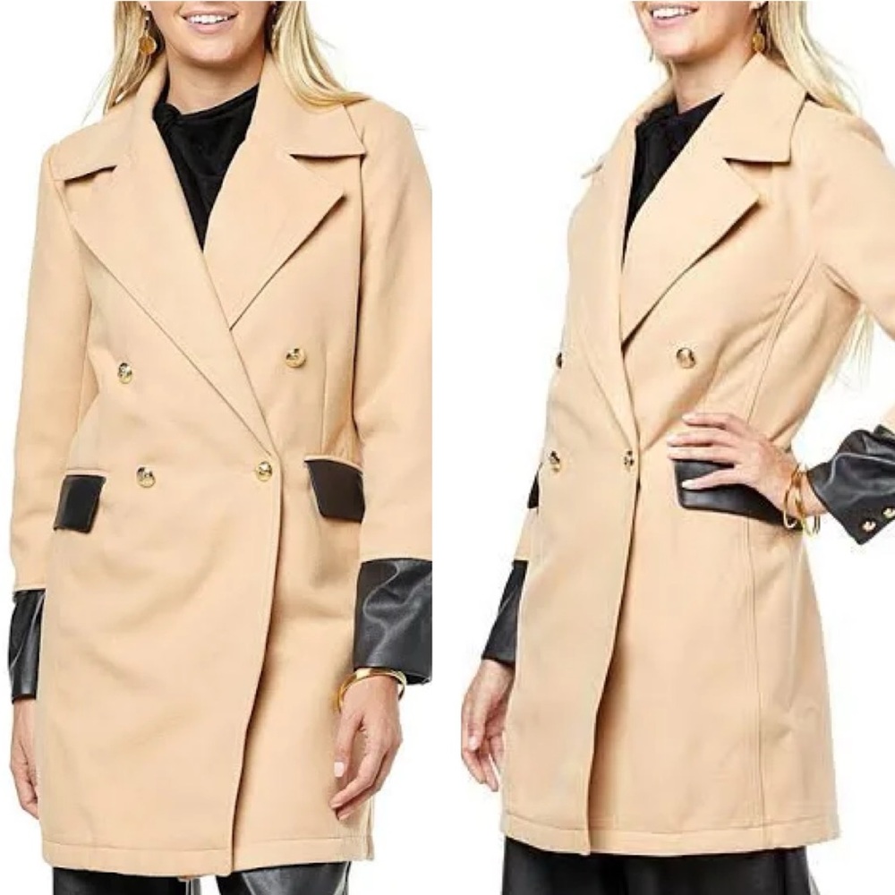 H by Halston Beige Trench Coat with Black Trim